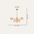 Clérachic gold chandelier with 5 cognac glass globes on straight arms, drawn with its 70 cm width and 68 cm height marked.