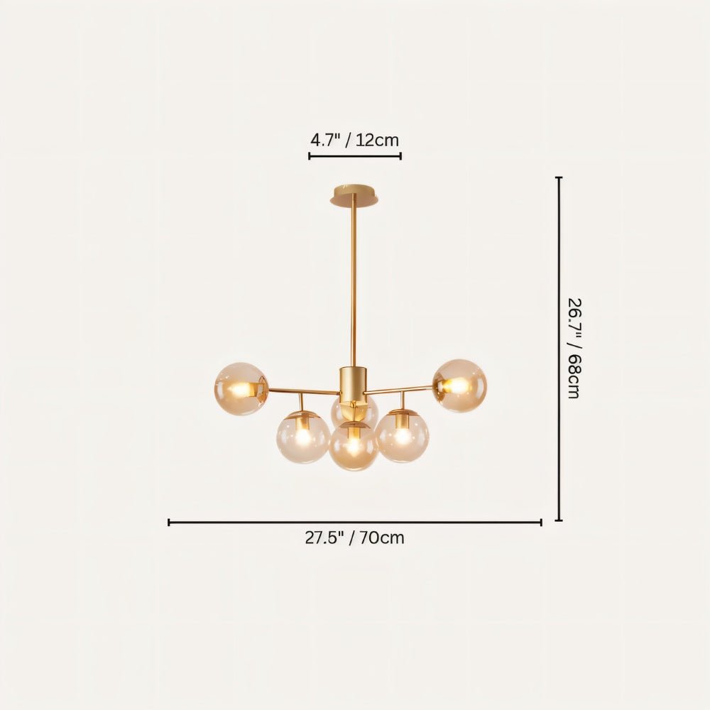 Clérachic gold chandelier with 5 cognac glass globes on straight arms, drawn with its 70 cm width and 68 cm height marked.
