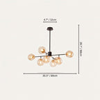Clérachic black chandelier with 7 cognac glass globes on straight arms, drawn with its 89 cm width and 68 cm height marked.