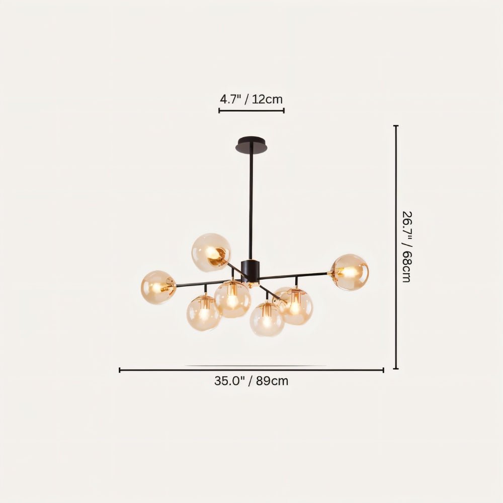 Clérachic black chandelier with 7 cognac glass globes on straight arms, drawn with its 89 cm width and 68 cm height marked.
