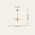 Clérachic gold chandelier with 5 milky white glass globes on straight arms, drawn with its 70 cm width and 68 cm height marked.