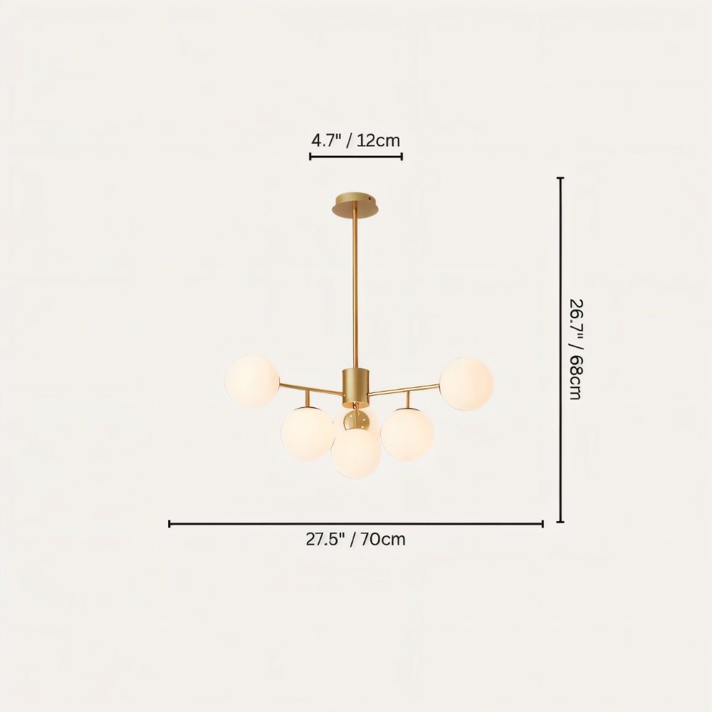 Clérachic gold chandelier with 5 milky white glass globes on straight arms, drawn with its 70 cm width and 68 cm height marked.
