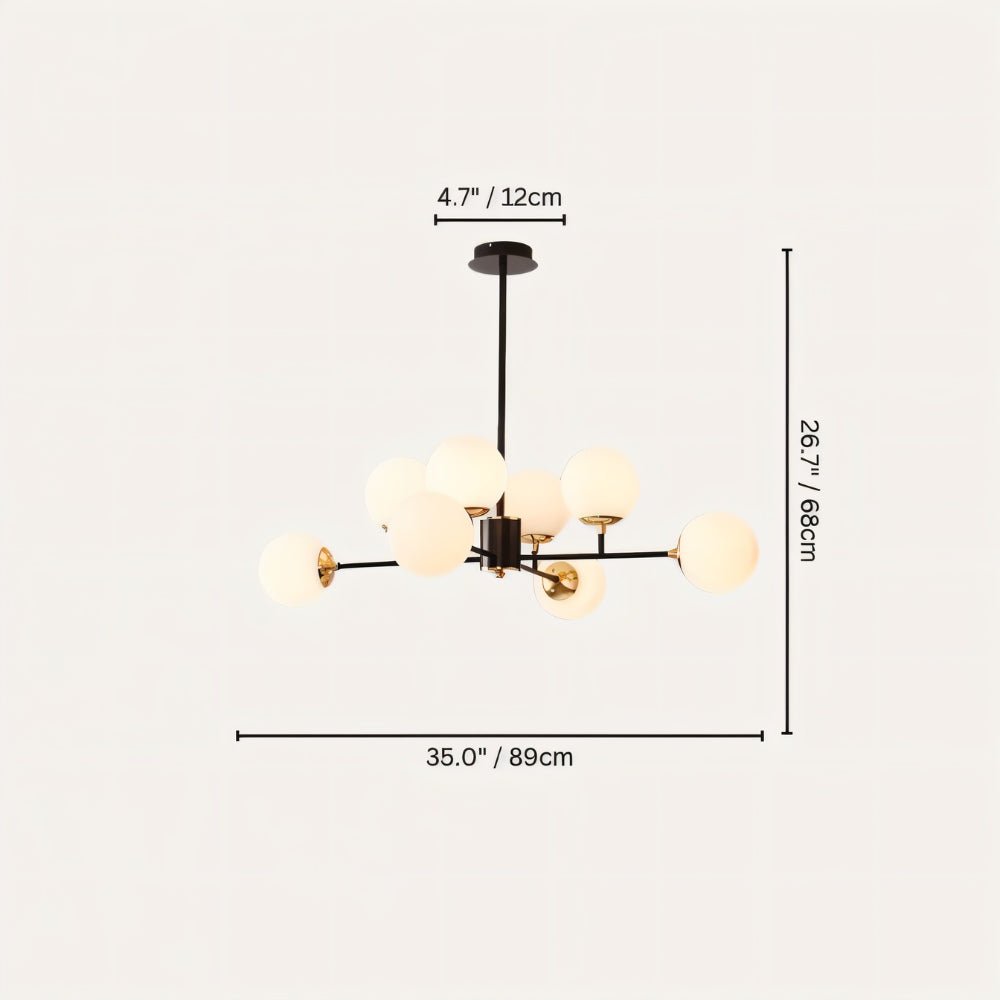 Clérachic black chandelier with 8 milky white glass globes on straight arms, drawn with its 89 cm width and 68 cm height marked.