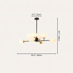 Clérachic black chandelier with 8 milky white glass globes on straight arms, drawn with its 89 cm width and 68 cm height marked.