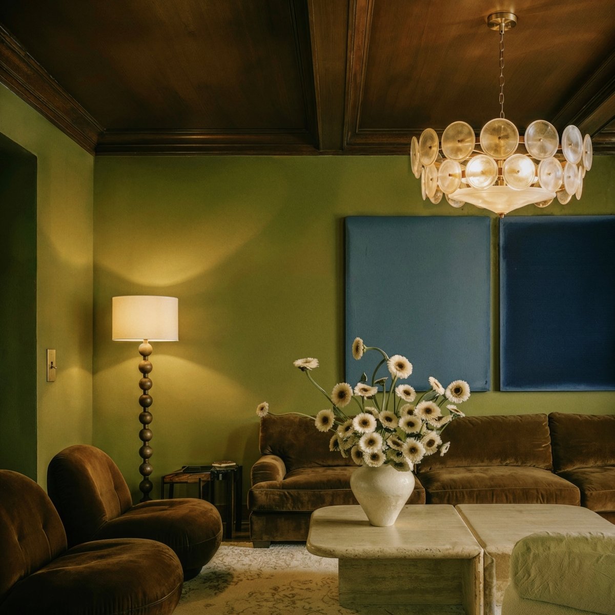 Clérachic disc chandelier lit in a living room with olive walls, a velvet sofa, a floor lamp and a vase of daisies.