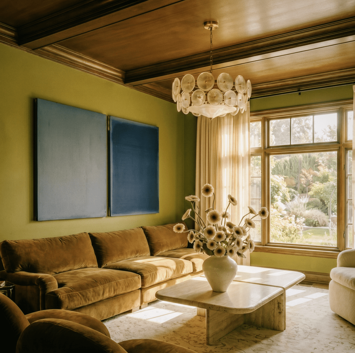 Clérachic disc chandelier hung over a sunlit sitting room with a velvet sofa, blue wall panels and a travertine coffee table.