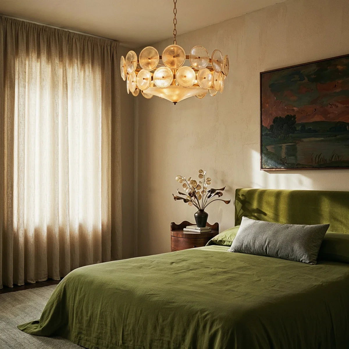 Clérachic disc chandelier lit warm above a bedroom with a green linen bed, linen curtains, a bedside table and landscape art.