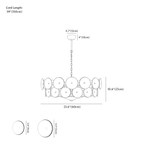 Clérachic chandelier dimension drawing, 8 Lights, 60 cm, 40 W, every measurement marked in centimetres and inches.