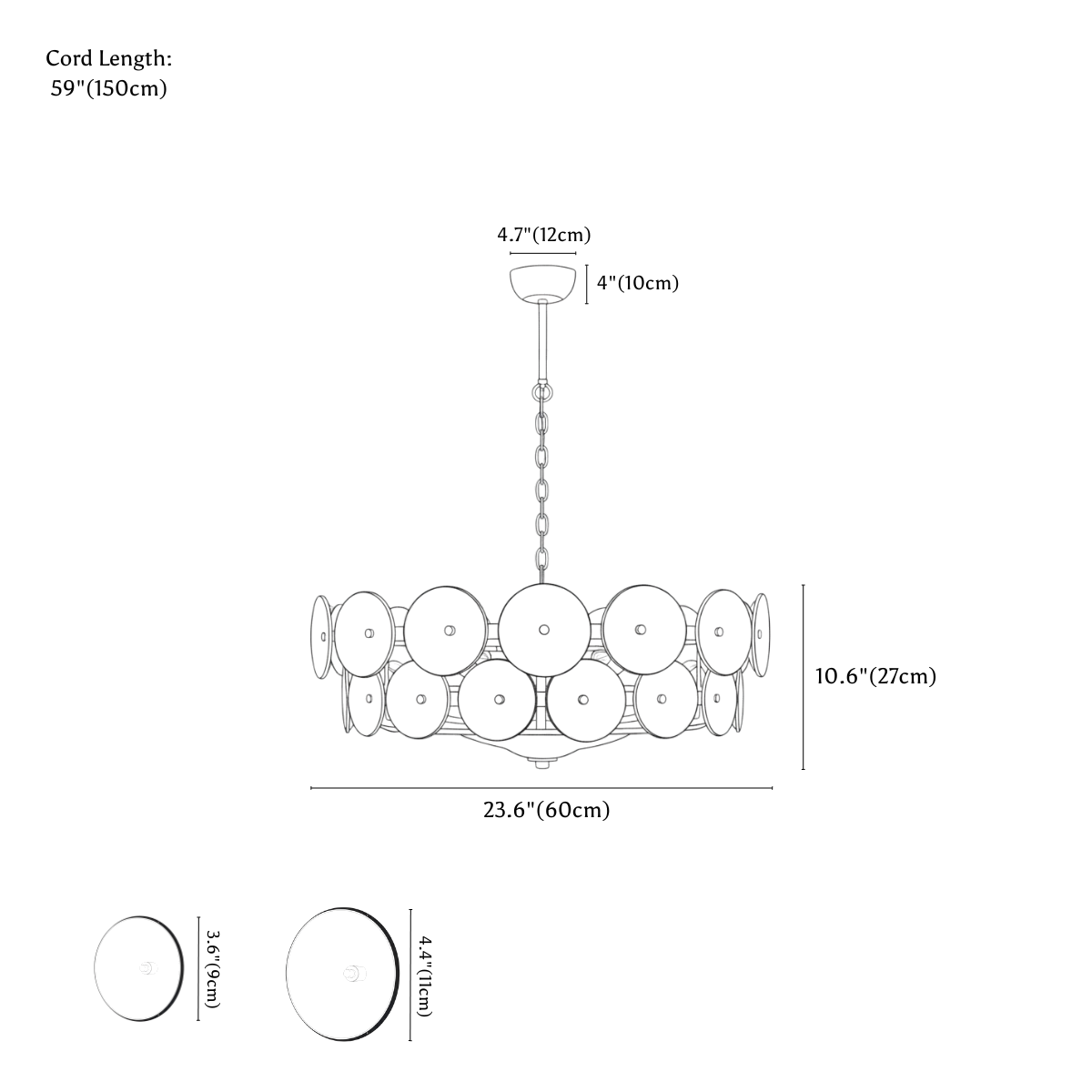 Clérachic chandelier dimension drawing, 8 Lights, 60 cm, 40 W, every measurement marked in centimetres and inches.