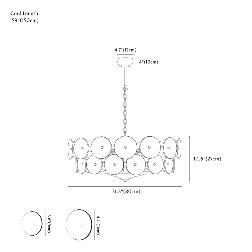 Clérachic chandelier dimension drawing, 10 Lights, 80 cm, 50 W, every measurement marked in centimetres and inches.