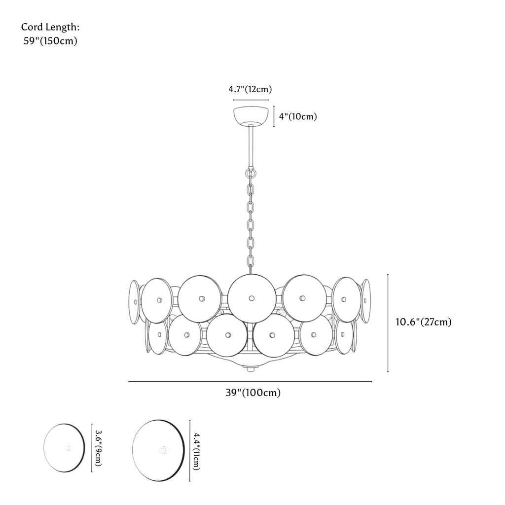 Clérachic chandelier dimension drawing, 12 Lights, 100 cm, 60 W, every measurement marked in centimetres and inches.