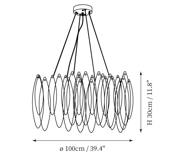 Clérachic chandelier dimension drawing, every measurement marked in centimetres and inches.