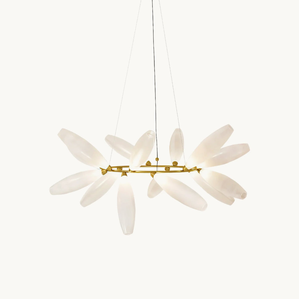 Front view of this Clérachic round chandelier on a plain white backdrop, frosted white glass leaves rising from a slim gold ring.