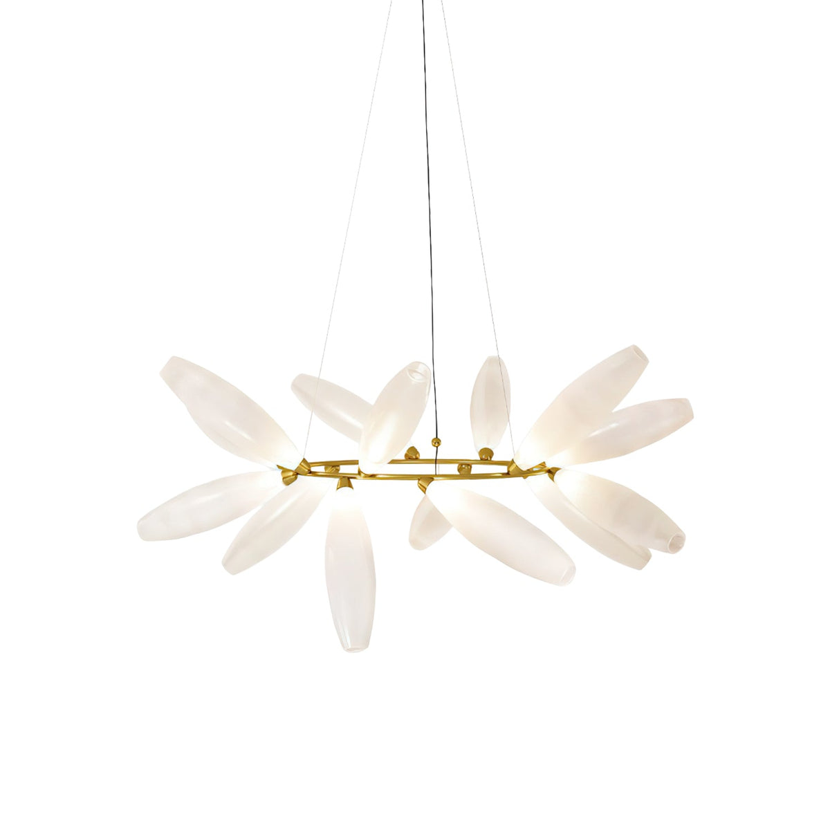 A round Clérachic chandelier on a plain white backdrop, its frosted white glass leaves spread around a gold ring on fine wires.