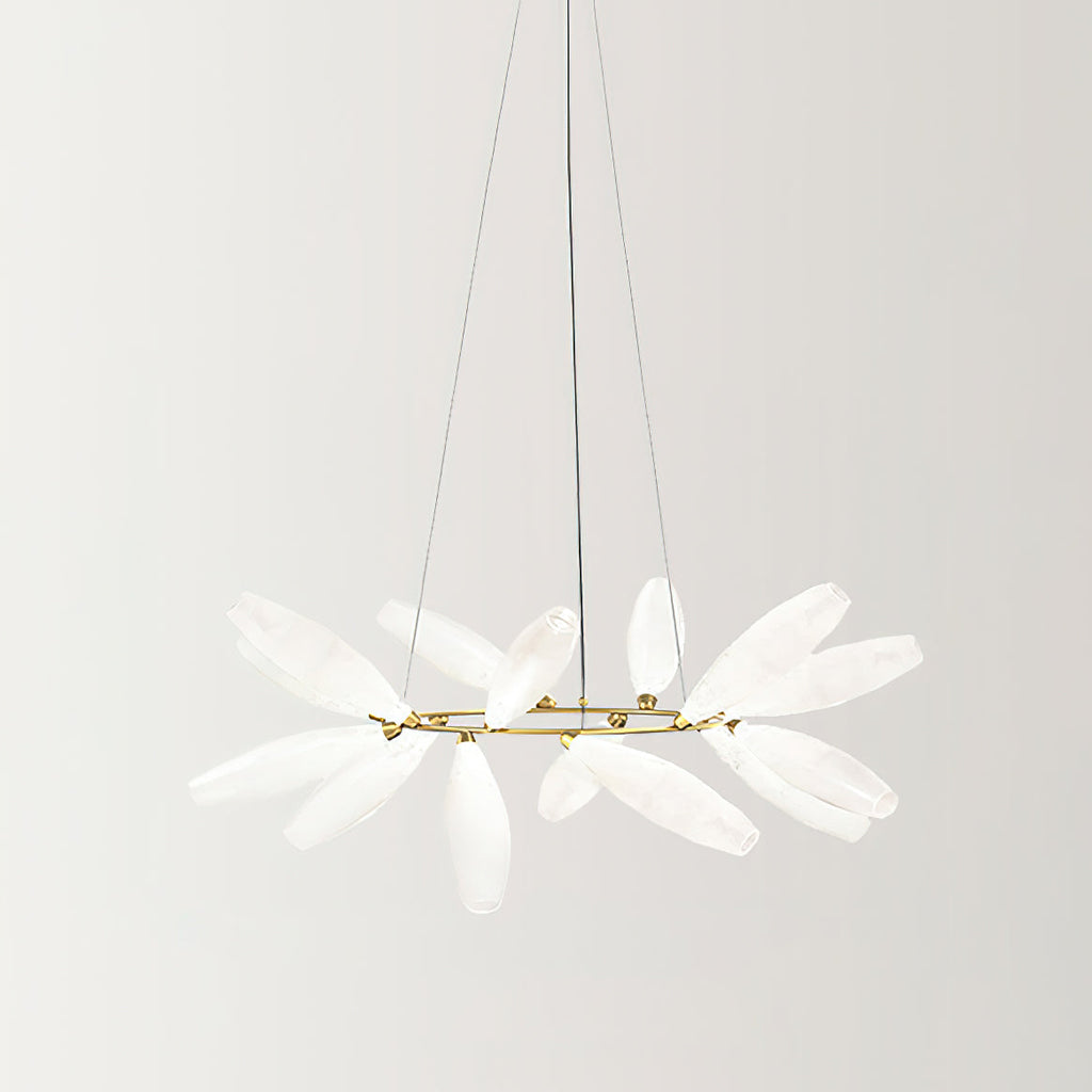 A round Clérachic chandelier on a gold ring and three fine wires, its frosted white glass leaves spread outward on a pale backdrop.