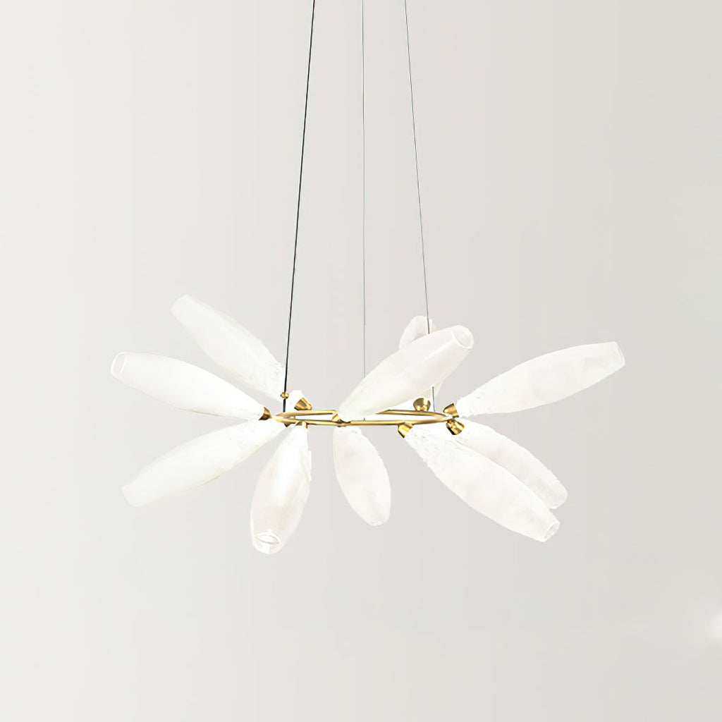 A wide-angled view of the round Clérachic chandelier, its frosted white glass leaves fanning out from a slim gold ring on fine wires.