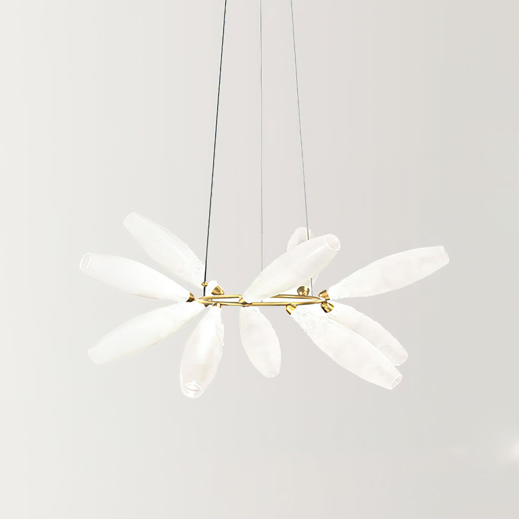 A wide-angled view of the round Clérachic chandelier, its frosted white glass leaves fanning out from a slim gold ring on fine wires.