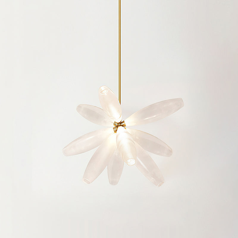 A cluster of frosted glass leaves fanning out from one gold joint, seen from below on this Clérachic chandelier.
