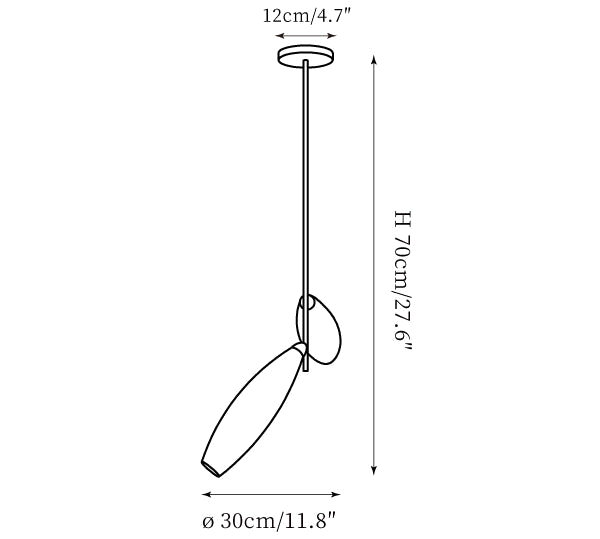 Clérachic chandelier dimension drawing, 1 of 6, every measurement marked in centimetres and inches.
