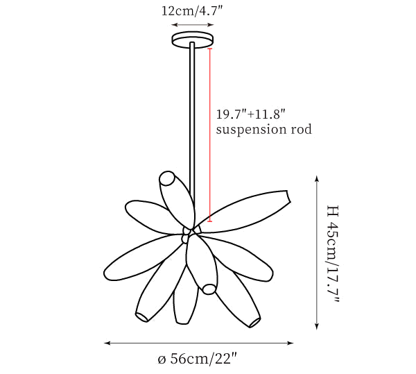 Clérachic chandelier dimension drawing, 3 of 6, every measurement marked in centimetres and inches.
