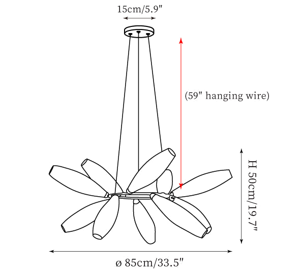 Clérachic chandelier dimension drawing, 4 of 6, every measurement marked in centimetres and inches.