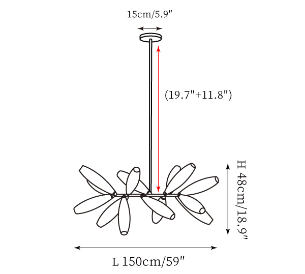 Clérachic chandelier dimension drawing, 5 of 6, every measurement marked in centimetres and inches.