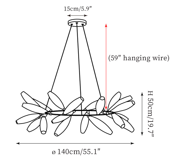 Clérachic chandelier dimension drawing, 6 of 6, every measurement marked in centimetres and inches.