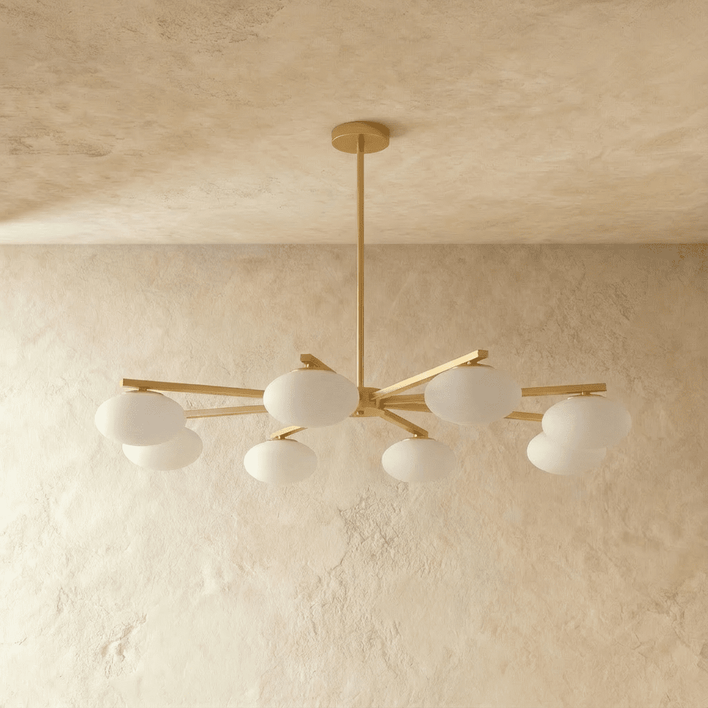 Clérachic eight-head chandelier shown unlit, with brass rod arms radiating from a central stem and frosted oval glass shades.