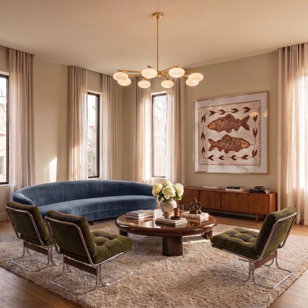 Clérachic eight-head brass chandelier lighting a living room with a curved blue sofa, olive armchairs and a walnut sideboard.