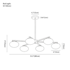 Clérachic chandelier dimension drawing, 6 Heads, every measurement marked in centimetres and inches.