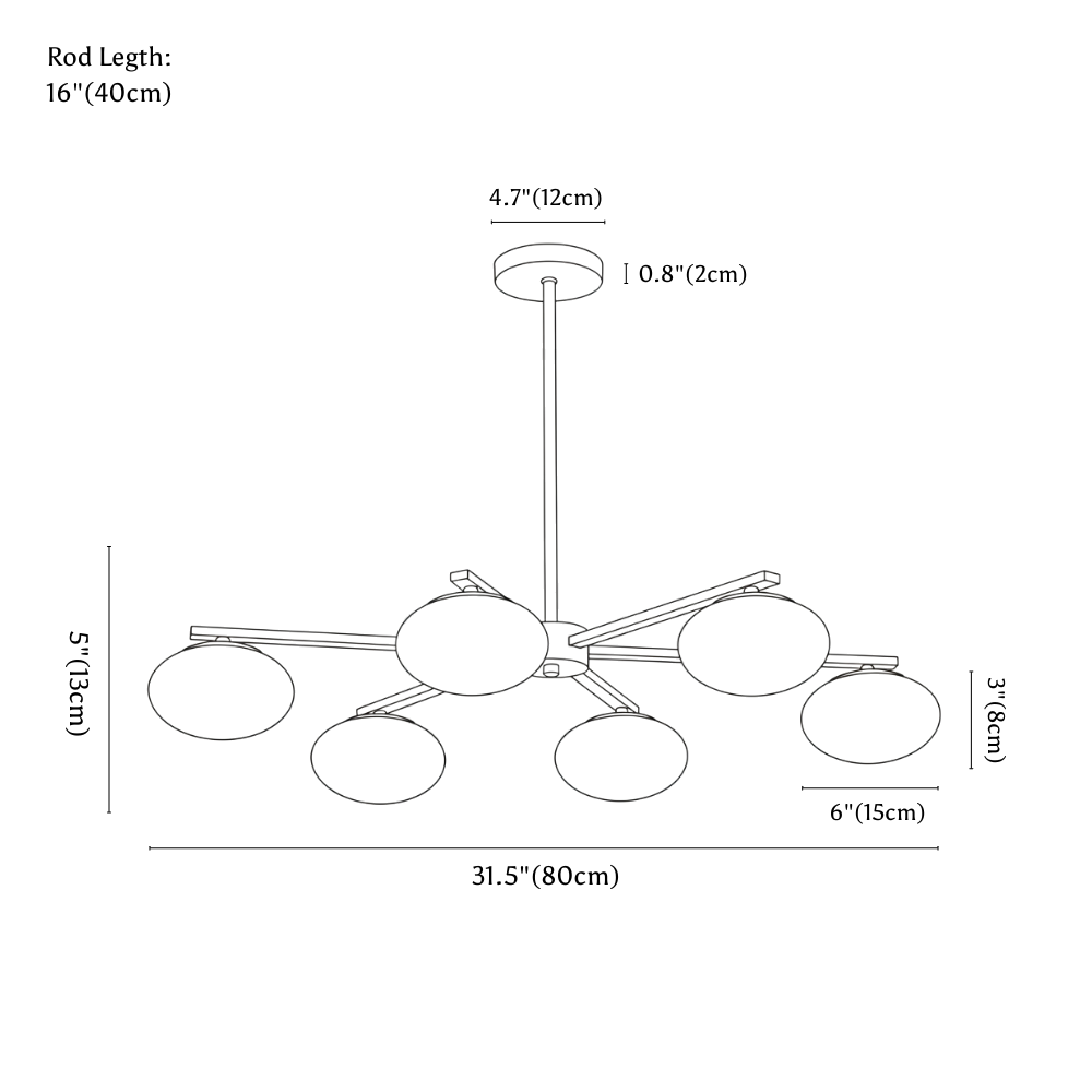 Clérachic chandelier dimension drawing, 6 Heads, every measurement marked in centimetres and inches.