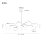 Clérachic chandelier dimension drawing, 8 Heads, every measurement marked in centimetres and inches.
