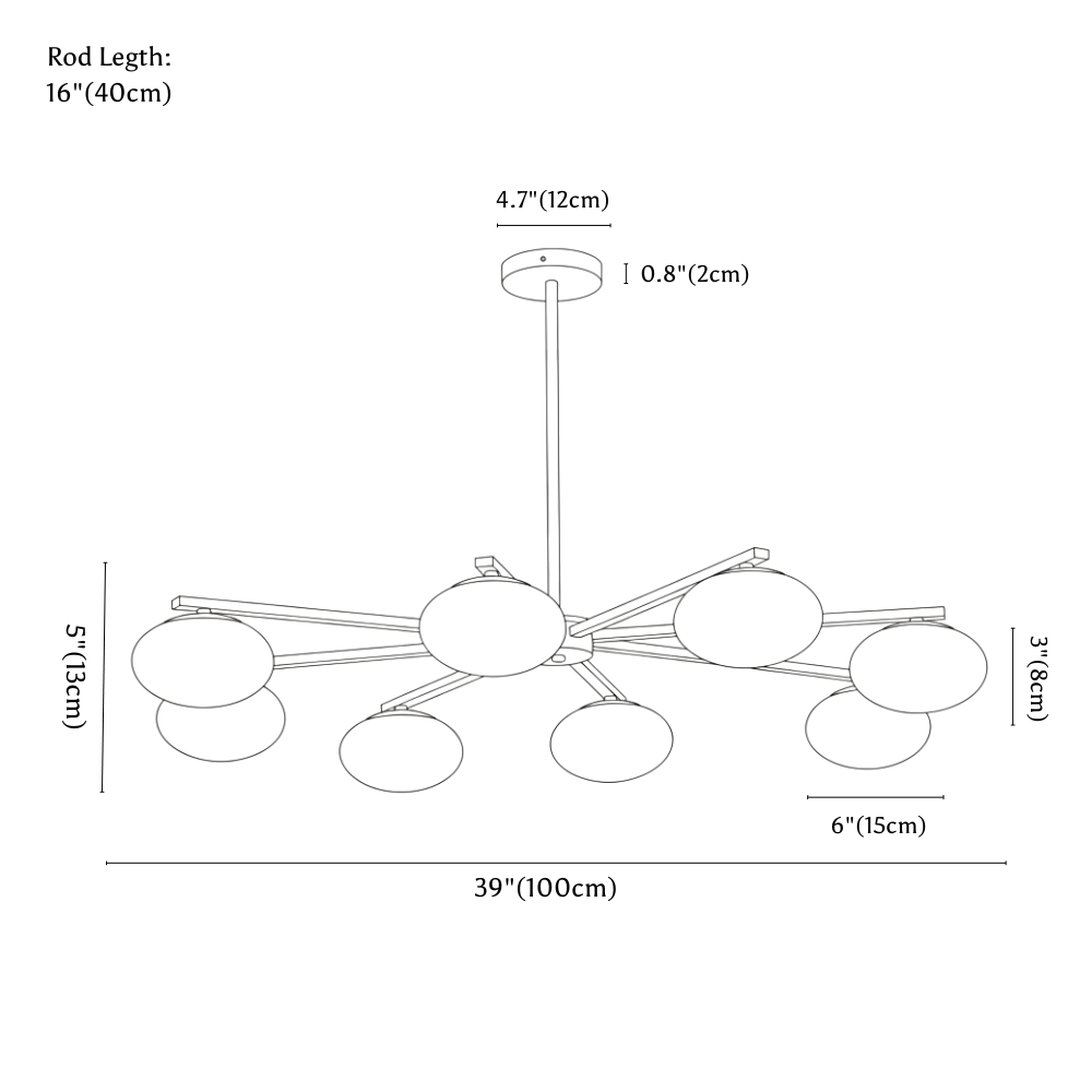 Clérachic chandelier dimension drawing, 8 Heads, every measurement marked in centimetres and inches.