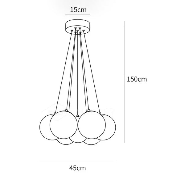 Dimension drawing of the glass cluster chandelier, in outline against white.