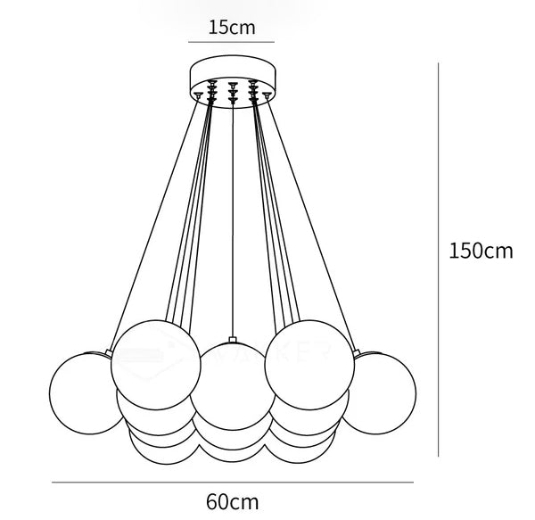 Dimension drawing of the glass cluster chandelier, in outline against white.