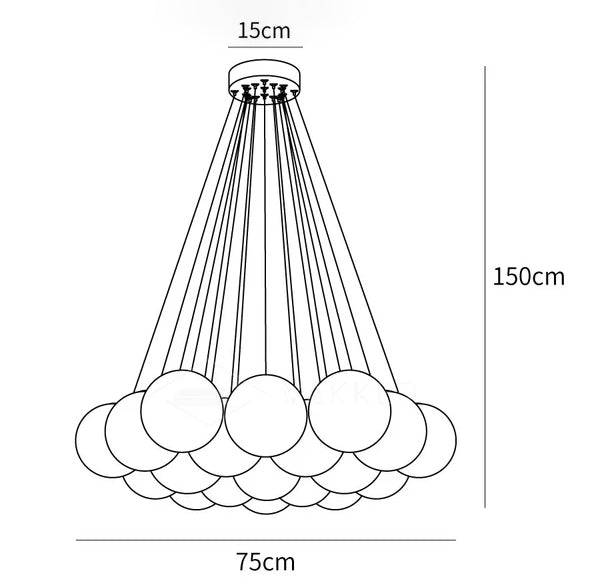 Dimension drawing of the glass cluster chandelier, in outline against white.