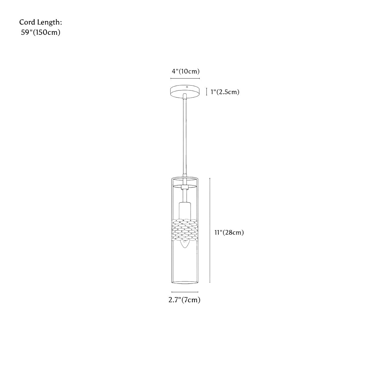 Clérachic pendant light dimension drawing, every measurement marked in centimetres and inches.