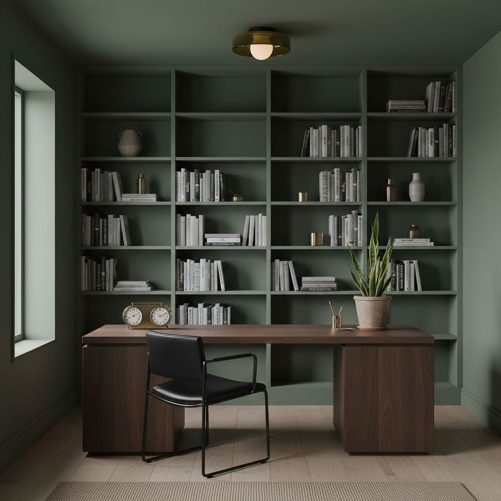 Above a walnut desk and sage green shelving, this Clérachic glass-disc ceiling light sits flush with the ceiling, its globe lit.