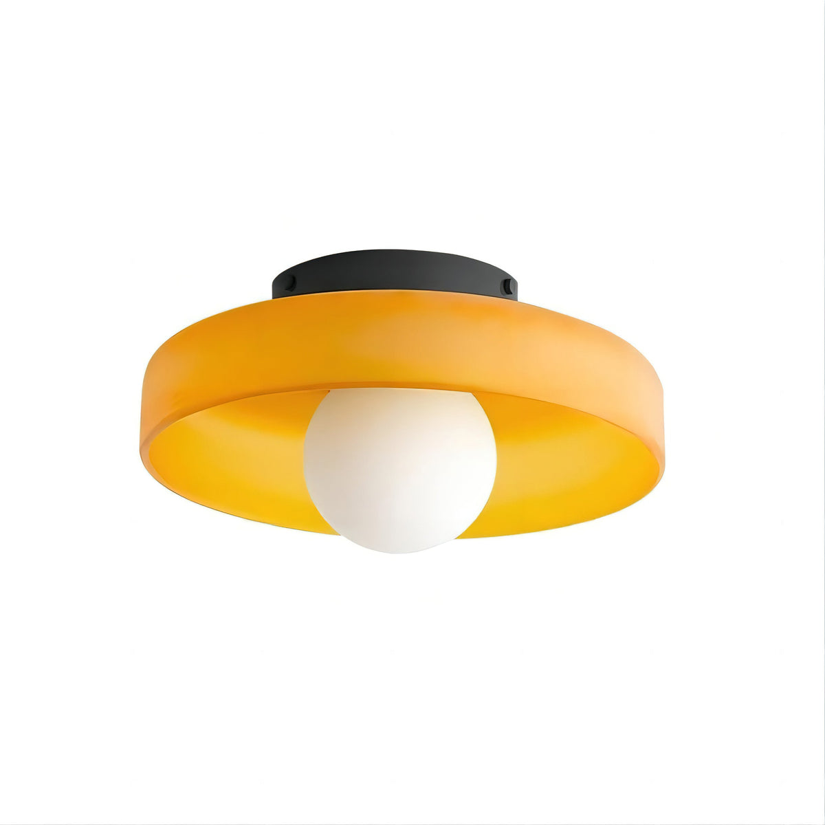 An amber-orange glass-disc ceiling light from Clérachic with a black mounting plate and a white globe, on white.