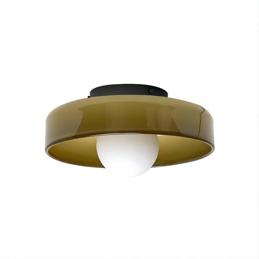 Olive-brown glass-disc ceiling light from Clérachic, black plate and white globe, with the inside of the disc showing a gold tone.