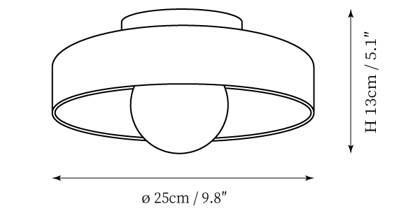 Clérachic ceiling light dimension drawing, every measurement marked in centimetres and inches.
