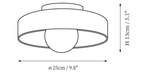 Clérachic ceiling light dimension drawing, every measurement marked in centimetres and inches.