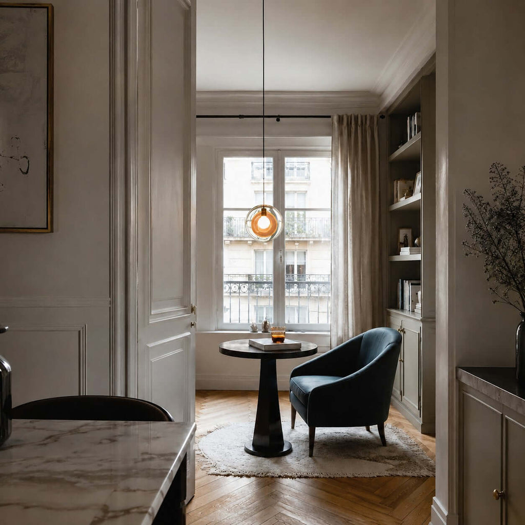 A single amber Clérachic glass pendant lit in a doorway, over a small round table and a dark armchair by a tall window.