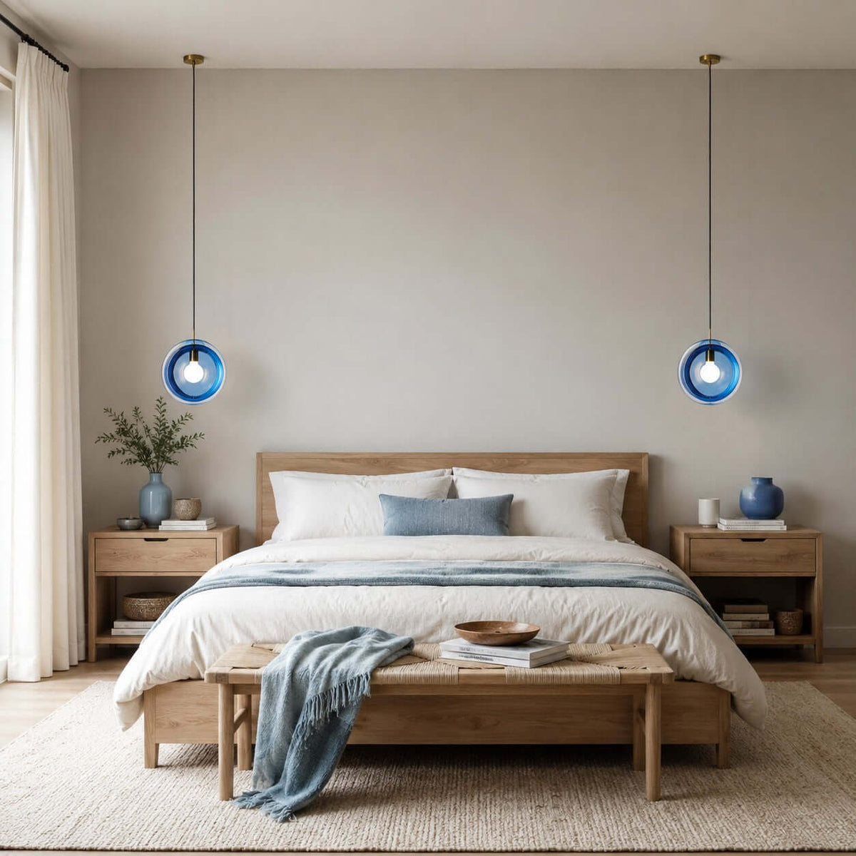 Two dark blue Clérachic glass pendants hang either side of a bed with white and pale blue linen, beside oak bedside tables.