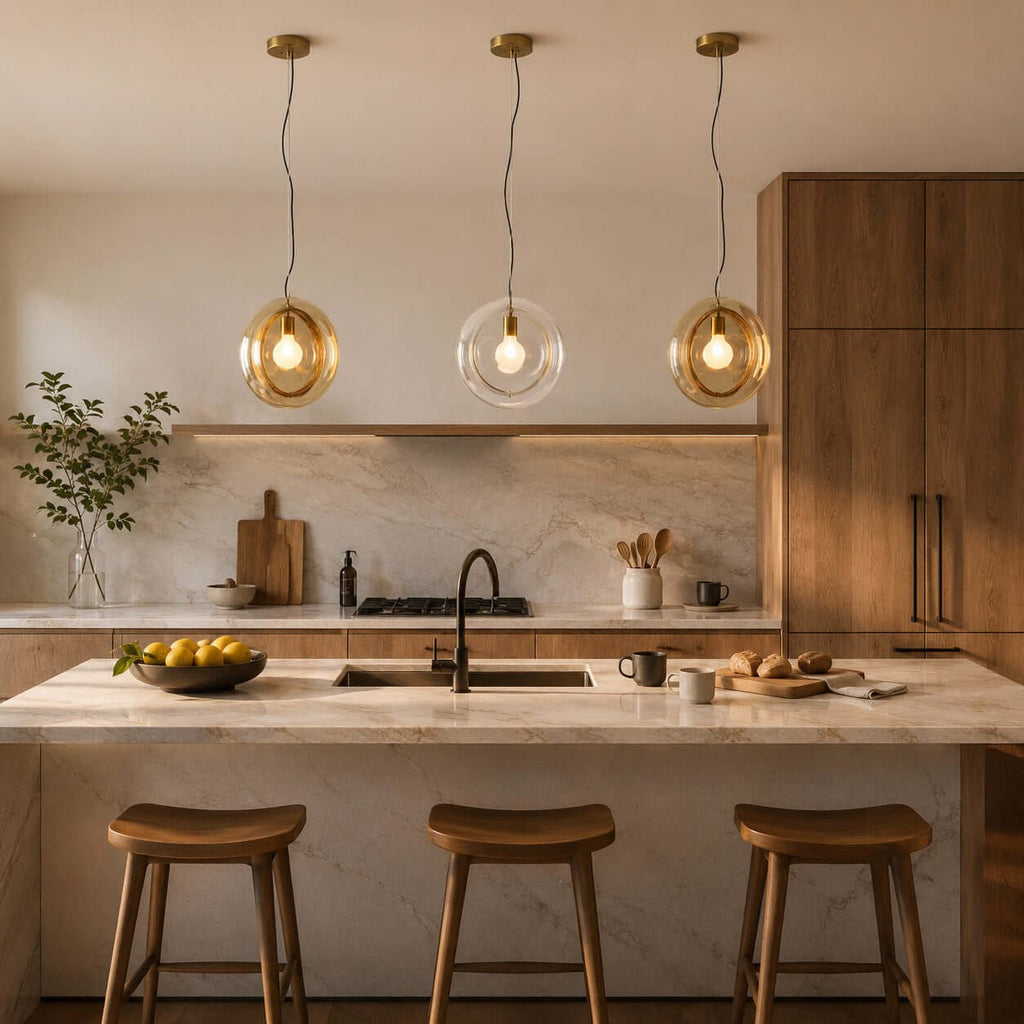 Three Clérachic glass pendants in amber, clear and amber, hung over a marble kitchen island with three curved wooden stools.