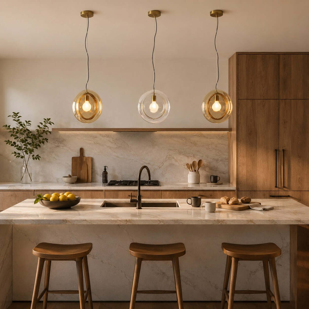 Three Clérachic glass pendants in amber, clear and amber, hung over a marble kitchen island with three curved wooden stools.