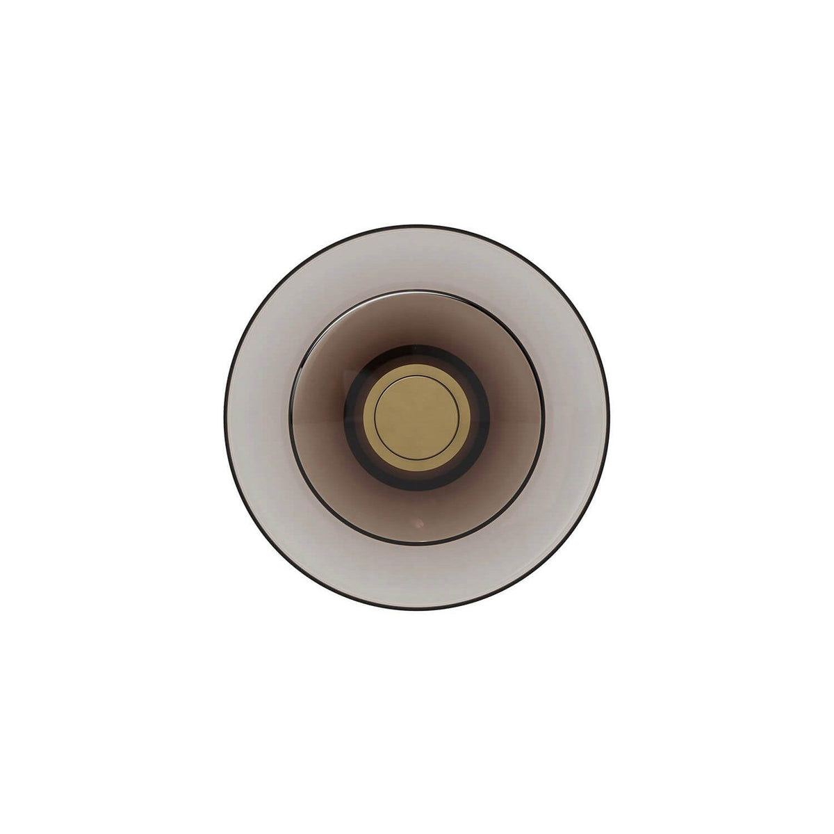 Front view of a Clérachic wall light with a smoked-glass disc, a gold centre cap and a thin dark rim, on a white backdrop.