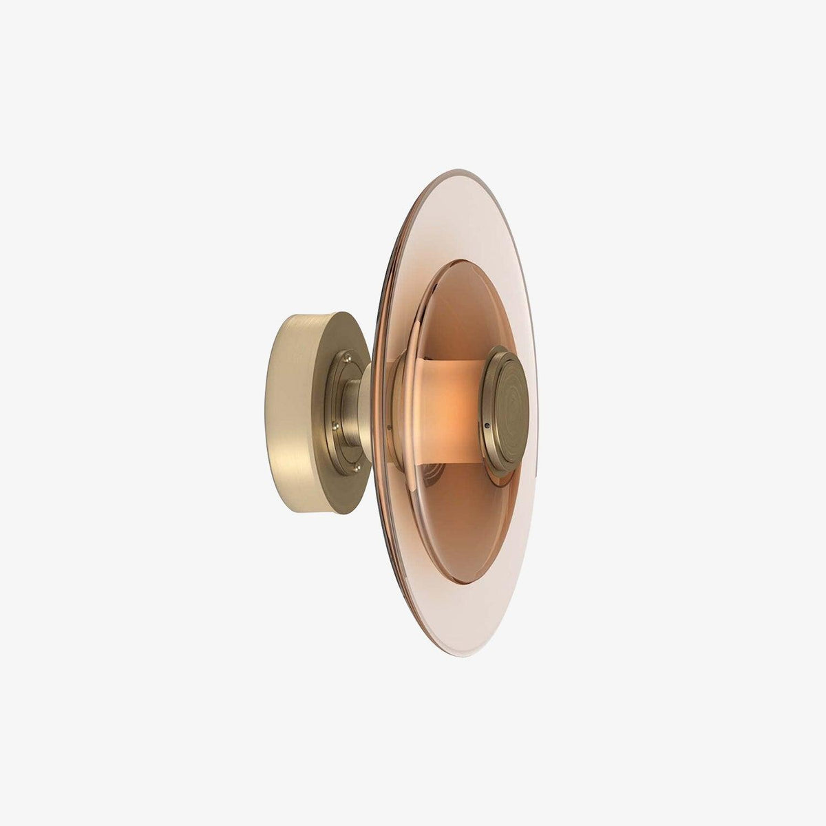 A Clérachic wall light with a pink-tinted glass disc and a gold back plate, seen from the side on a pale backdrop.