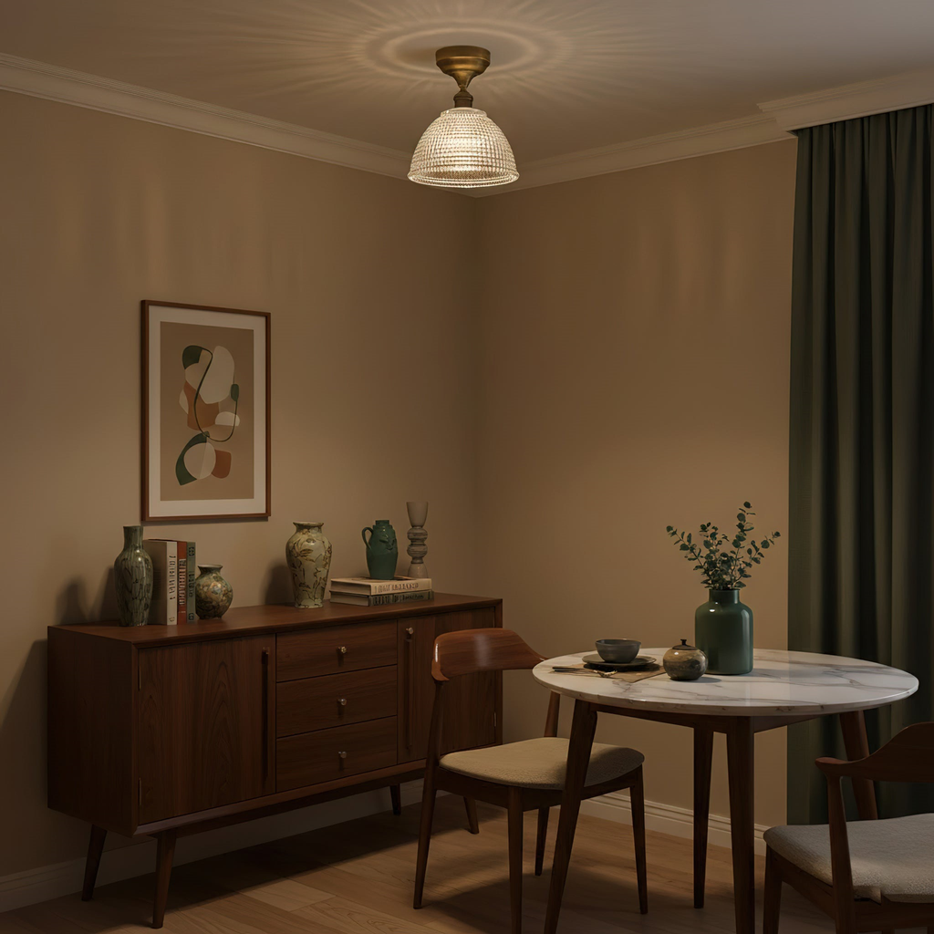 High on the ceiling of a warm taupe dining corner, this Clérachic ceiling light hangs above a walnut sideboard and a round marble table.