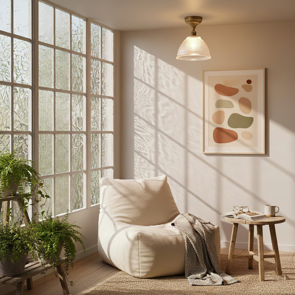 In a sunlit room with a large paned window and a cream bean bag chair, a Clérachic ceiling light shows its small glass dome.